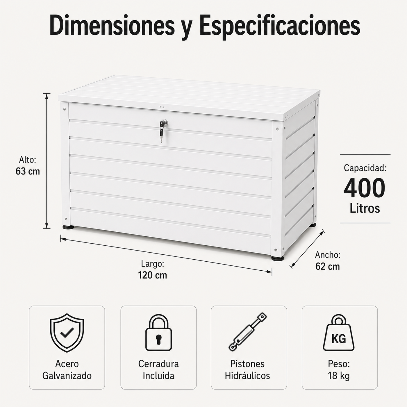 Baú Metálico Exterior com Tampa Hidráulica e Fechadura para Jardim