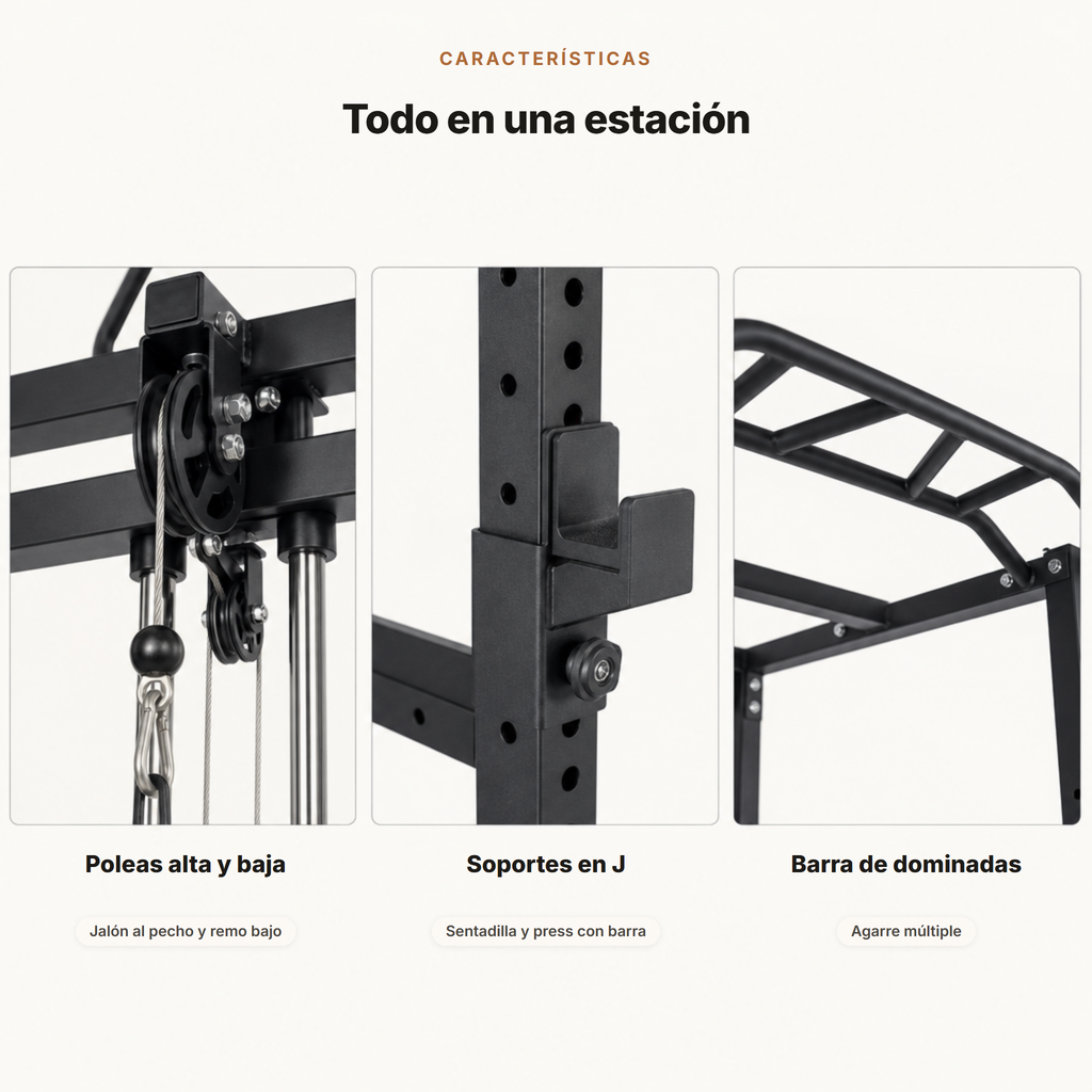 Multiestação de musculação com polia alta, barras para puxar e barras para fundos