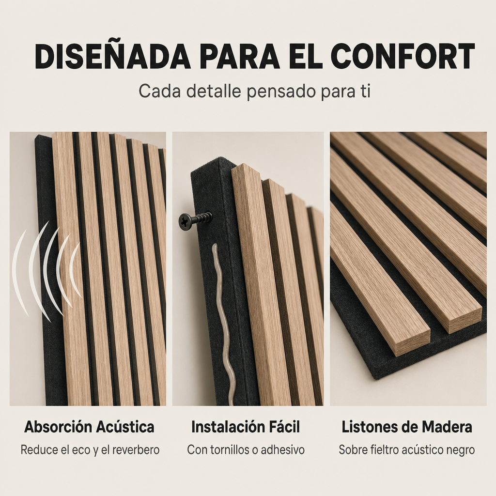 Panneau acoustique décoratif en lattes MDF effet bois avec feutre acoustique 120x60 cm pack de 4 unités