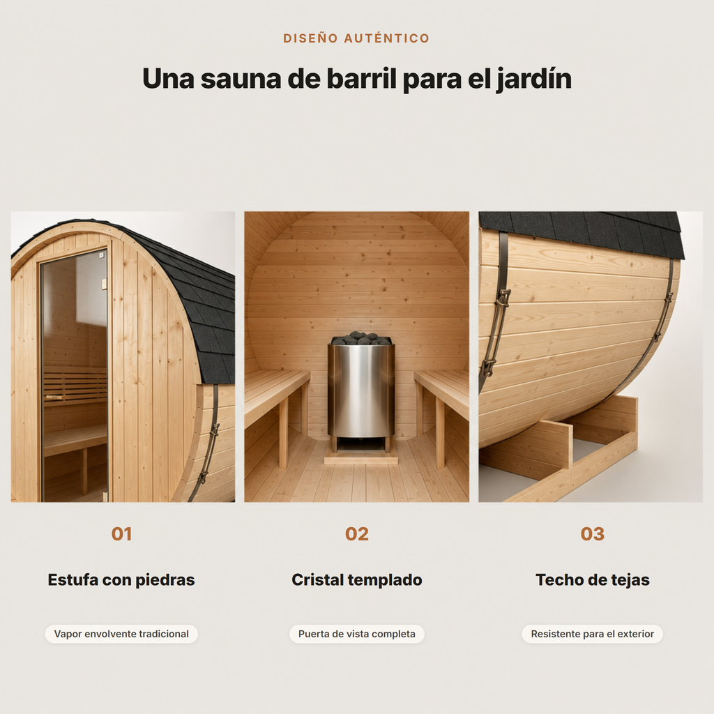 Sauna Barril Exterior Jardín 3-4 Personas Madera Abeto 6 kW Tejado Tejas