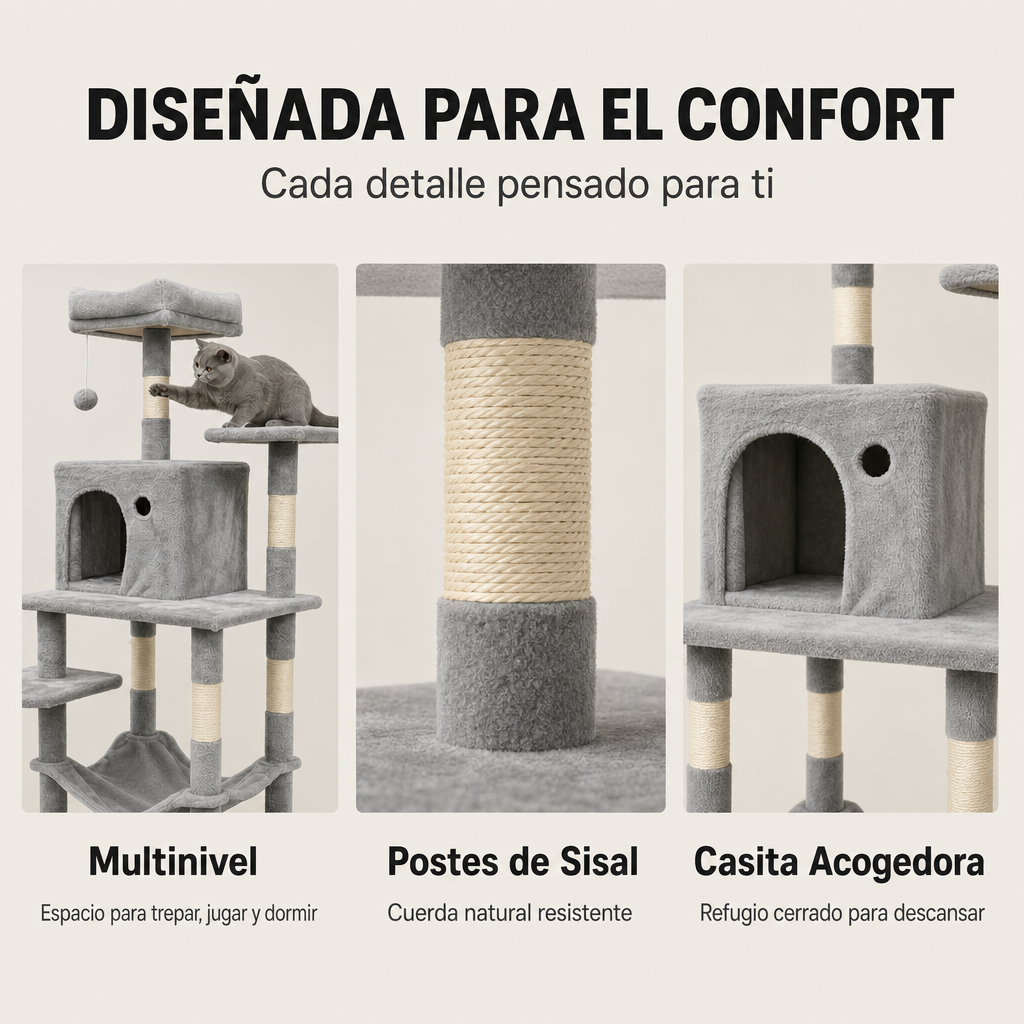 Albero tiragraffi per gatti alto 143 cm con amaca, piattaforme, tana e pali in sisal colore grigio chiaro