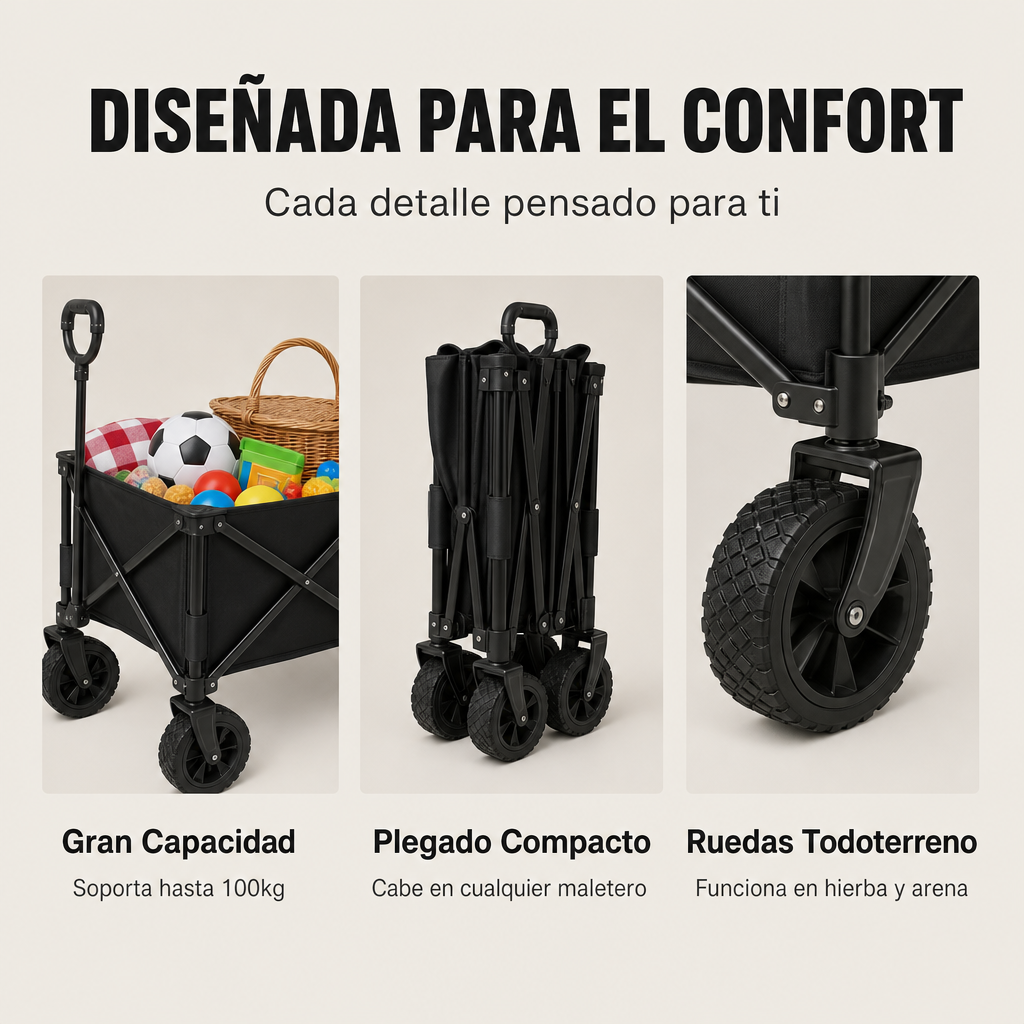 Carro Plegable XXL Estructura Reforzada Ruedas Todoterreno