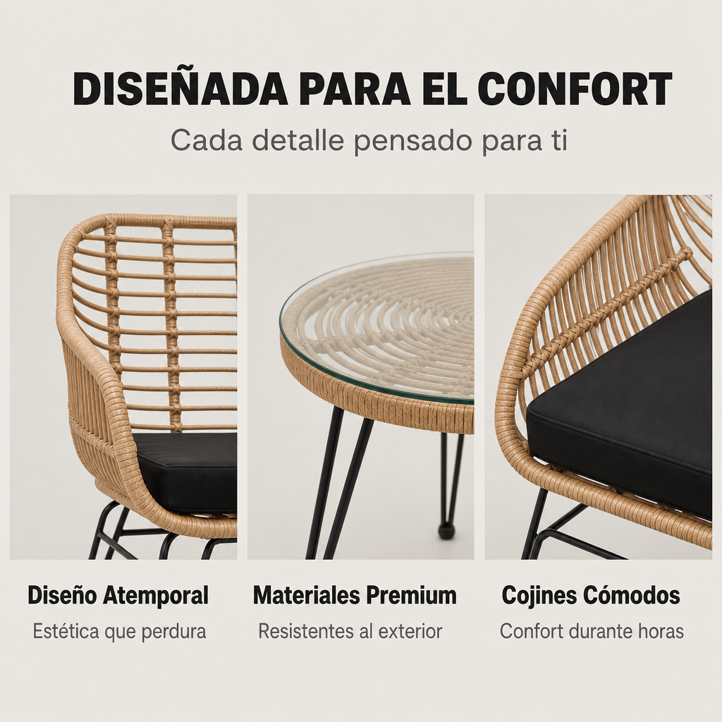Conjunto Jardín Ratán Con 2 Sillones Y Mesa Redonda Para Terraza Y Balcón