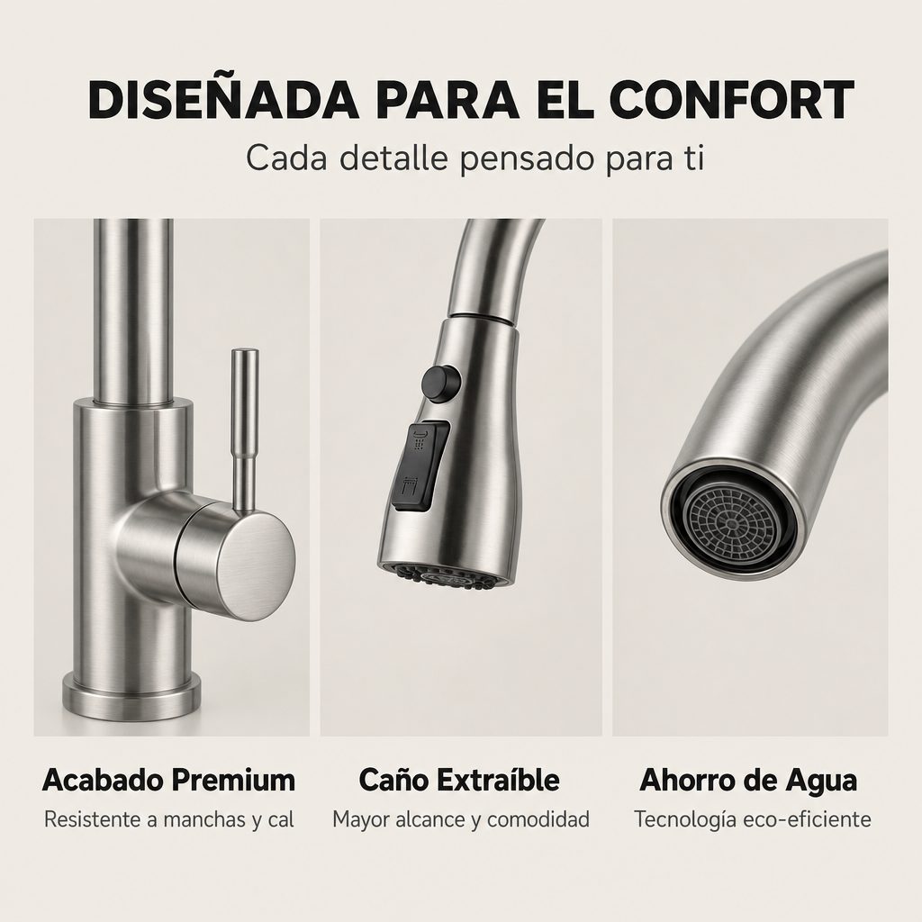 Torneira de cozinha extraível monocomando em aço inoxidável com bico alto giratório 360° e dupla função de água