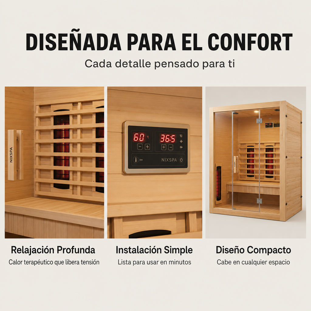 Sauna de infrarrojos 3 personas de madera maciza con 6 paneles, Bluetooth y puerta panorámicaSauna de infrarrojos 3 personas de madera maciza con 6 paneles, Bluetooth y puerta panorámica