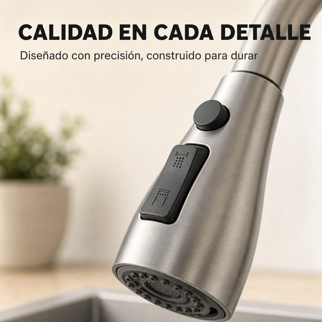 Torneira de cozinha extraível monocomando em aço inoxidável com bico alto giratório 360° e dupla função de água