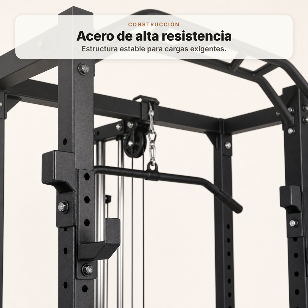Multiestação de musculação com polia alta, barras para puxar e barras para fundos