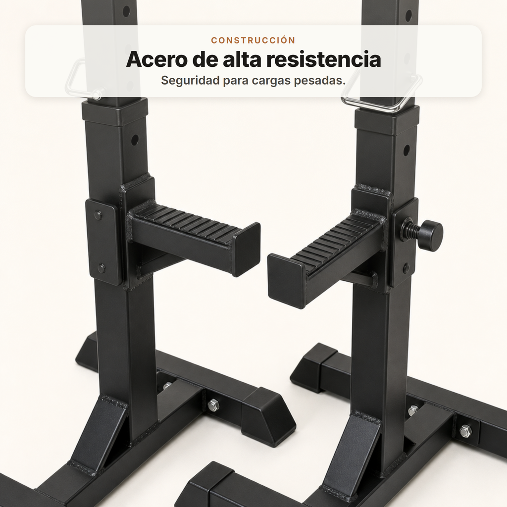 Suporte ajustável para barra e rack de agachamentos para treino de força