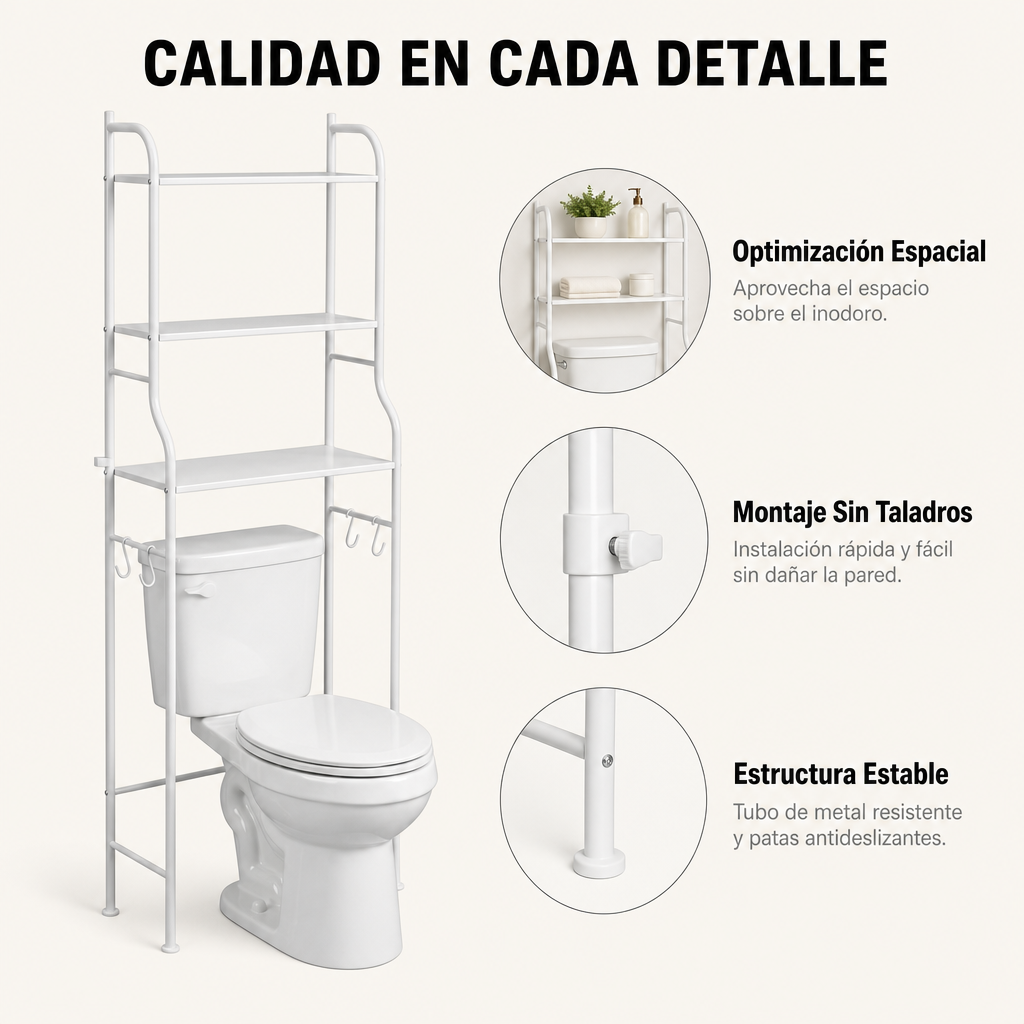 3-stöckiges Regal über der Toilette mit Haken, Organizerablagen und Metallgestell für Badezimmer