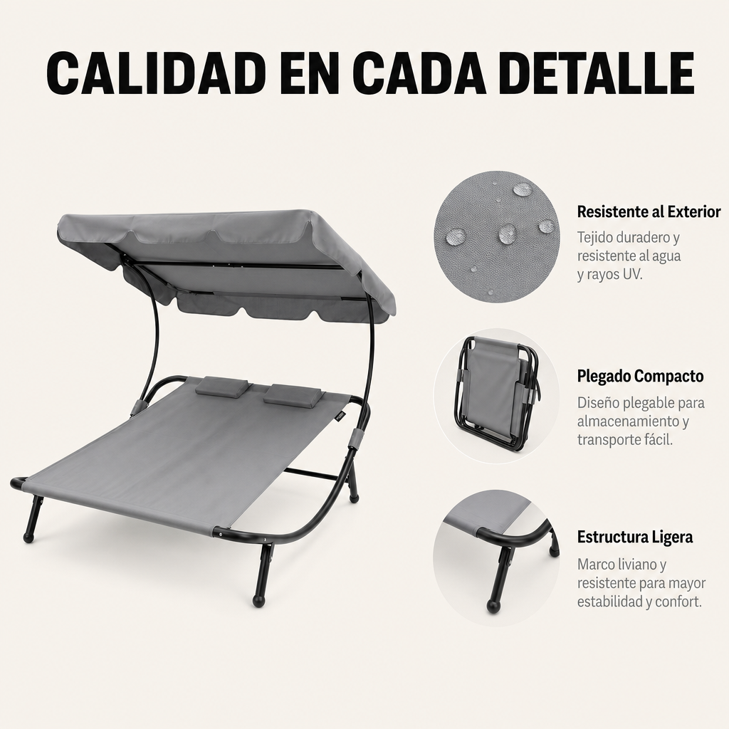 Lettino doppio da giardino tipo dondolo per 2 persone con parasole regolabile, cuscini, ruote e struttura in acciaio grigio 195x185x175 cm