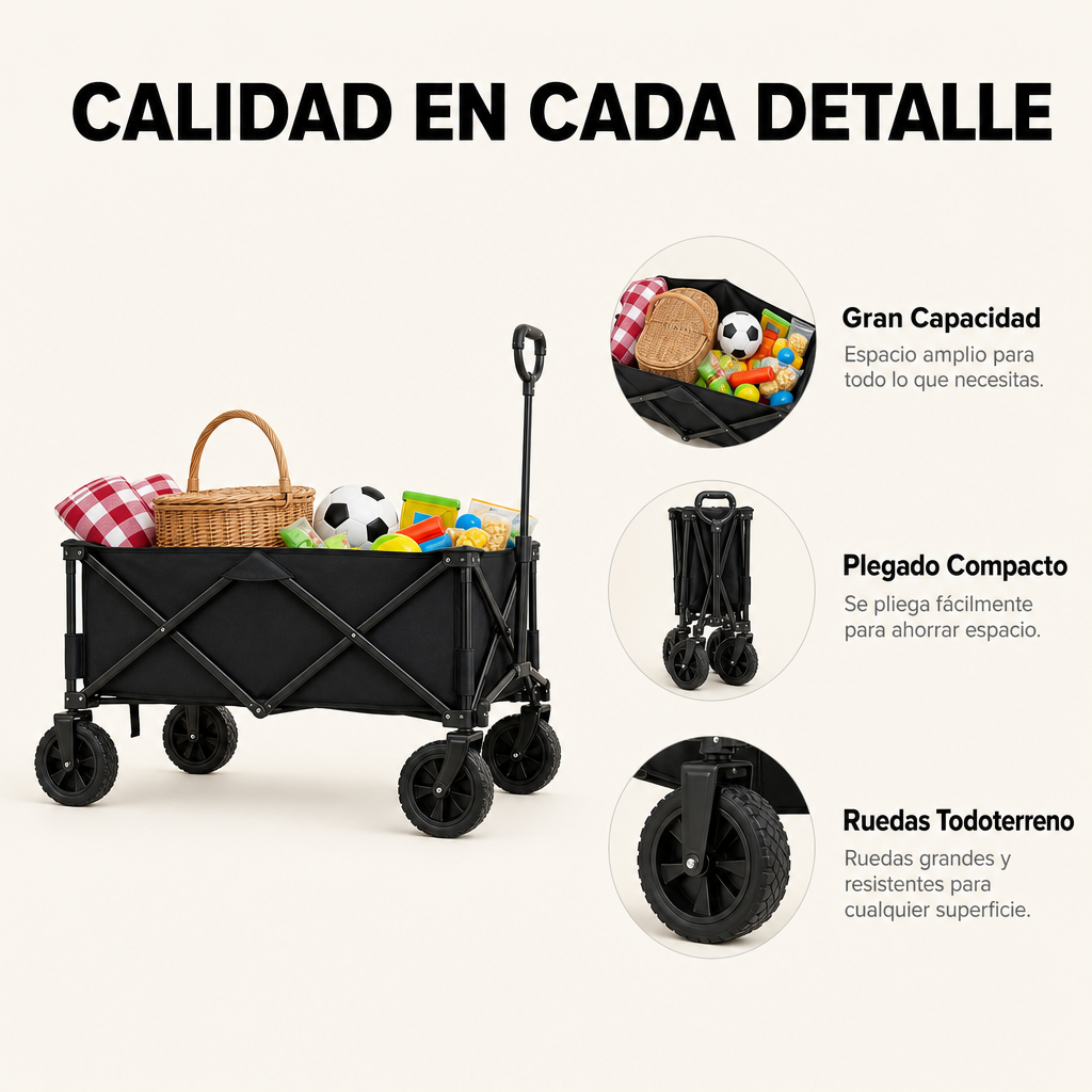 Carro Plegable XXL Estructura Reforzada Ruedas Todoterreno