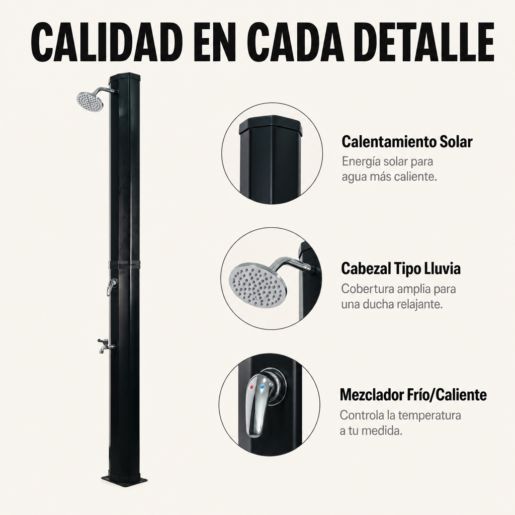 Doccia solare esterna per giardino e piscina con rubinetto per lavapiedi e spruzzatore orientabile nero/argento