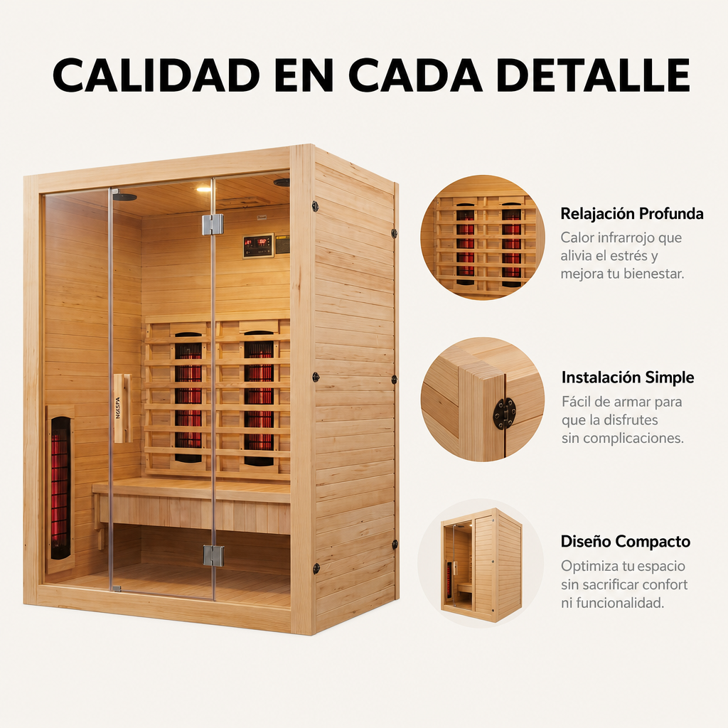 Sauna de infrarrojos 3 personas de madera maciza con 6 paneles, Bluetooth y puerta panorámicaSauna de infrarrojos 3 personas de madera maciza con 6 paneles, Bluetooth y puerta panorámica