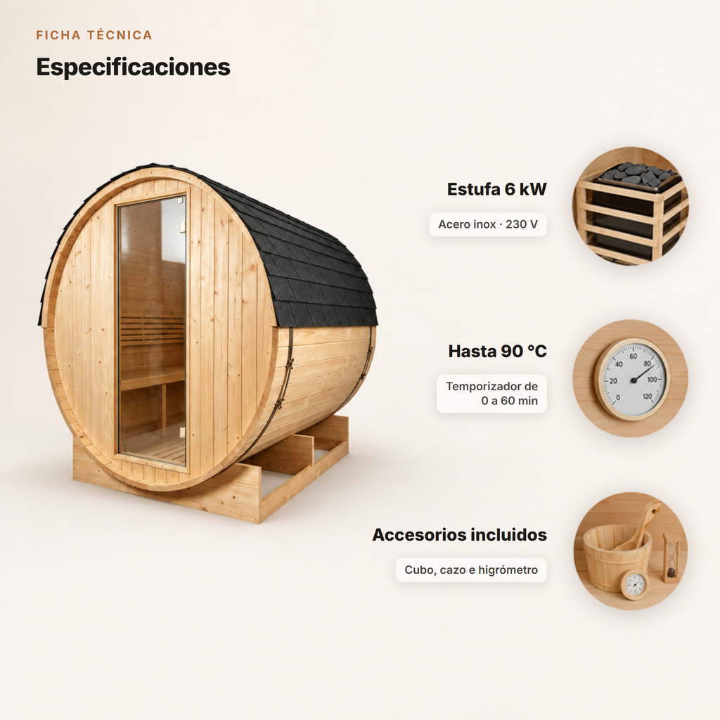 Sauna Barril Exterior Jardín 3-4 Personas Madera Abeto 6 kW Tejado Tejas