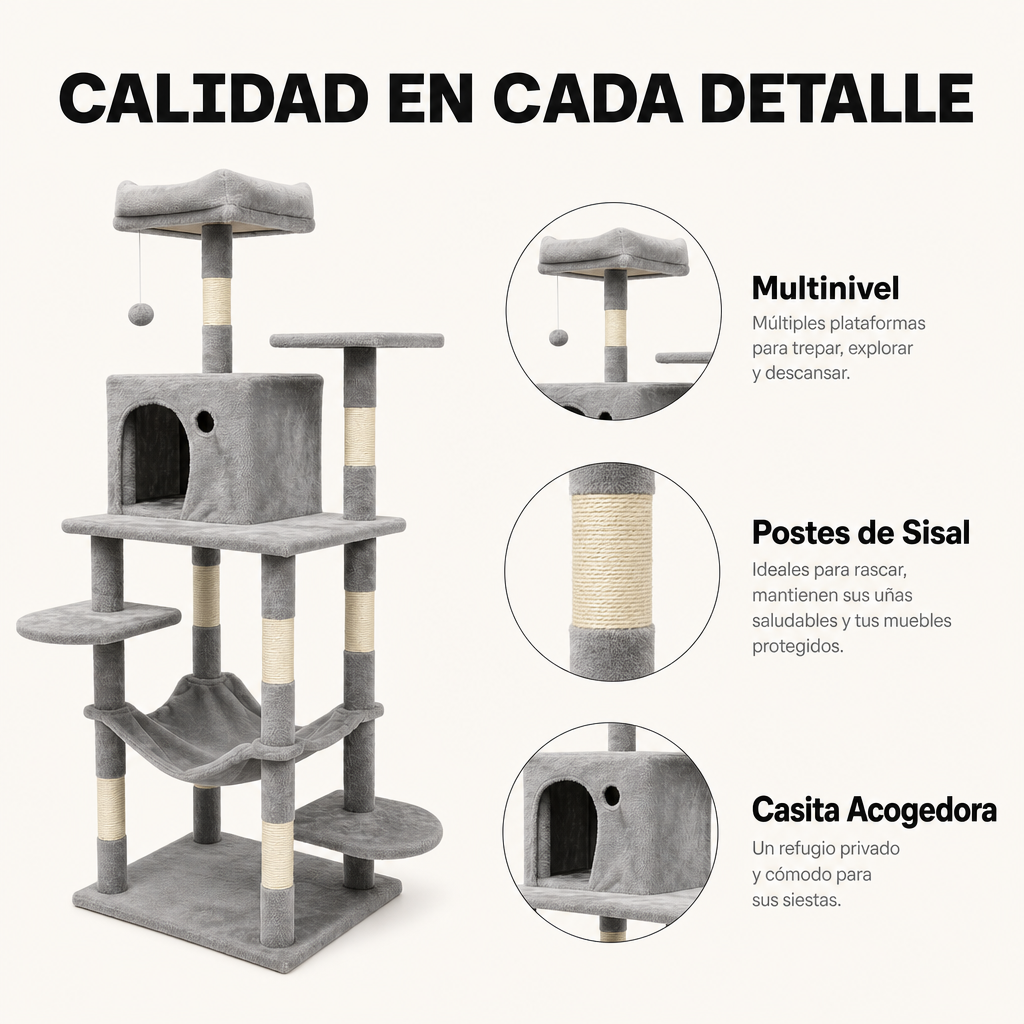 Albero tiragraffi per gatti alto 143 cm con amaca, piattaforme, tana e pali in sisal colore grigio chiaro