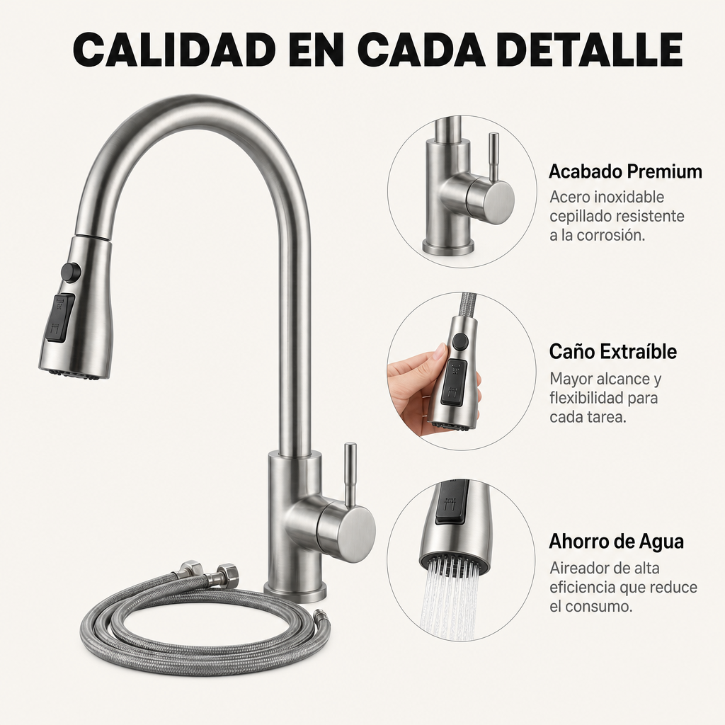 Torneira de cozinha extraível monocomando em aço inoxidável com bico alto giratório 360° e dupla função de água