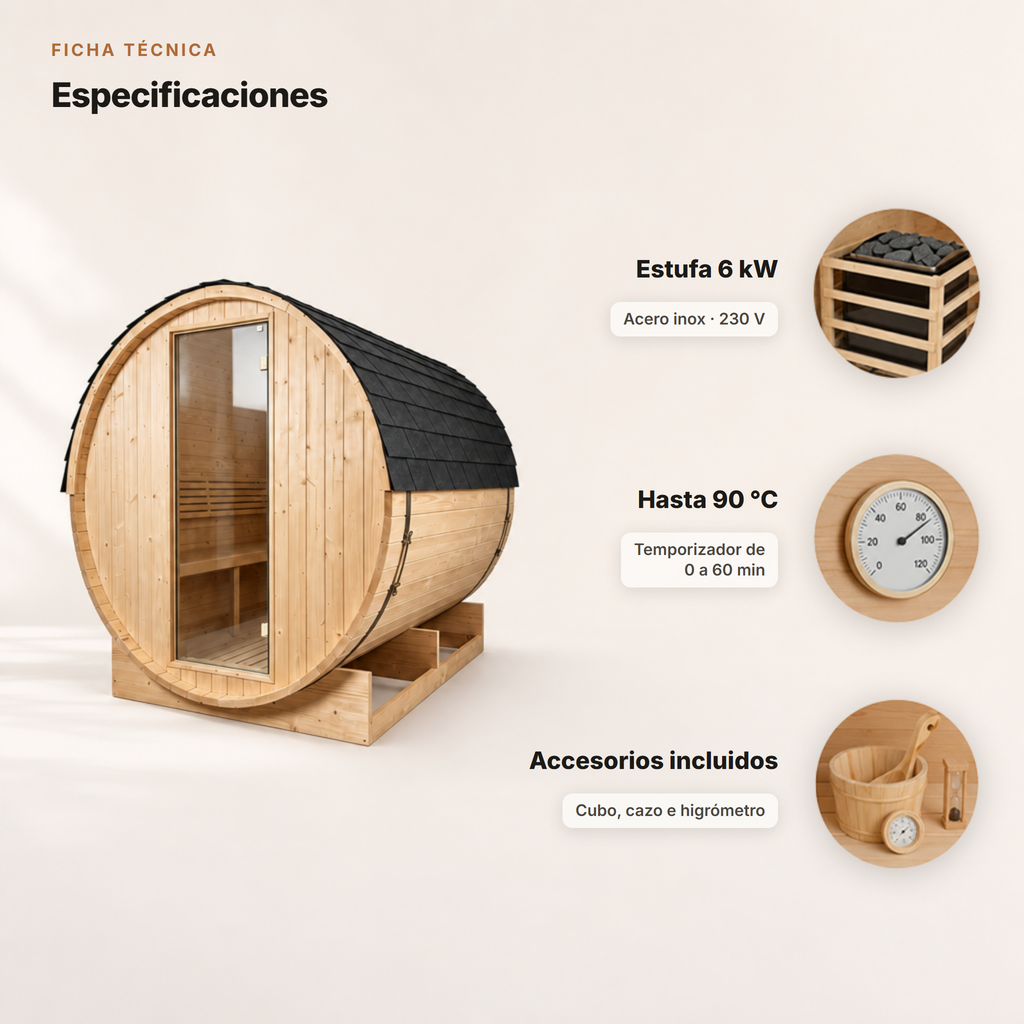 Sauna Barril Exterior Jardín 5-6 Personas Madera Abeto 6 kW Tejado Tejas