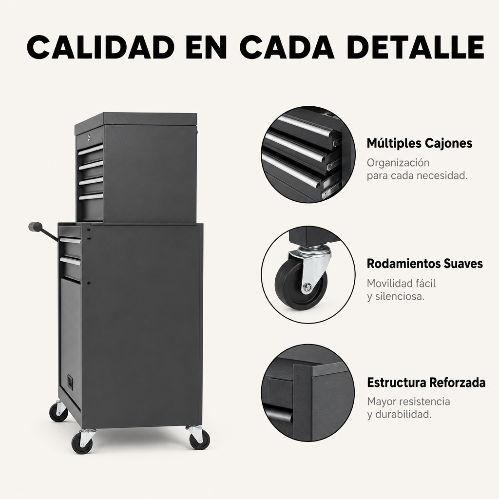 Carrinho de ferramentas metálico com gavetas e rodas 360° com fecho de segurança para oficina e garagem