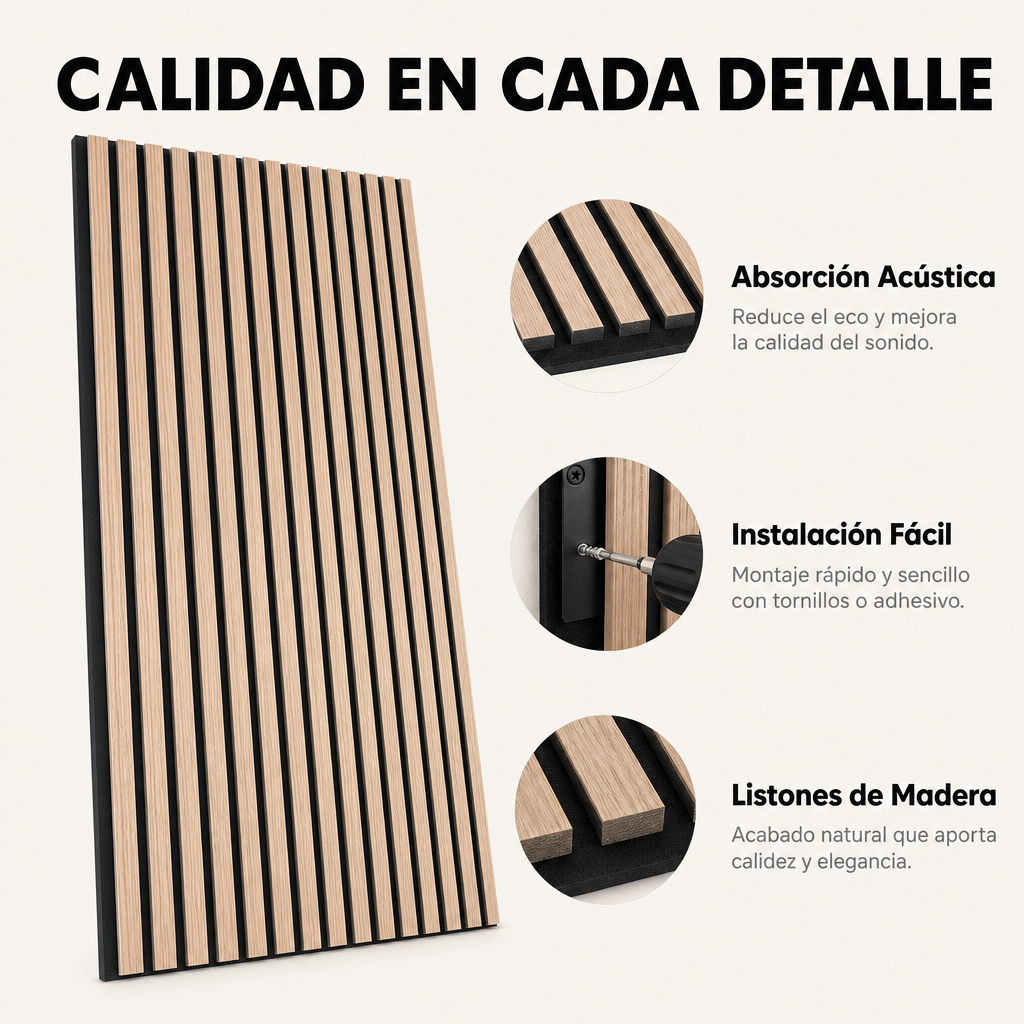 Panneau acoustique décoratif en lattes de bois MDF avec isolation acoustique 120x60 cm pack de 2