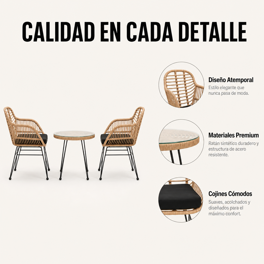 Conjunto Jardín Ratán Con 2 Sillones Y Mesa Redonda Para Terraza Y Balcón