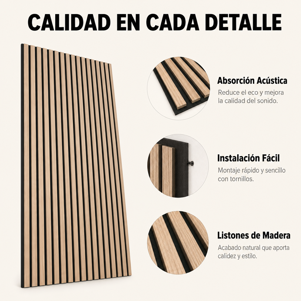 Panneau acoustique décoratif en lattes MDF effet bois avec feutre acoustique 120x60 cm pack de 4 unités