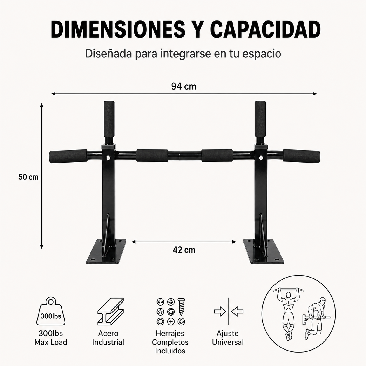 Barra de Dominadas para Pared con Agarres Antideslizantes