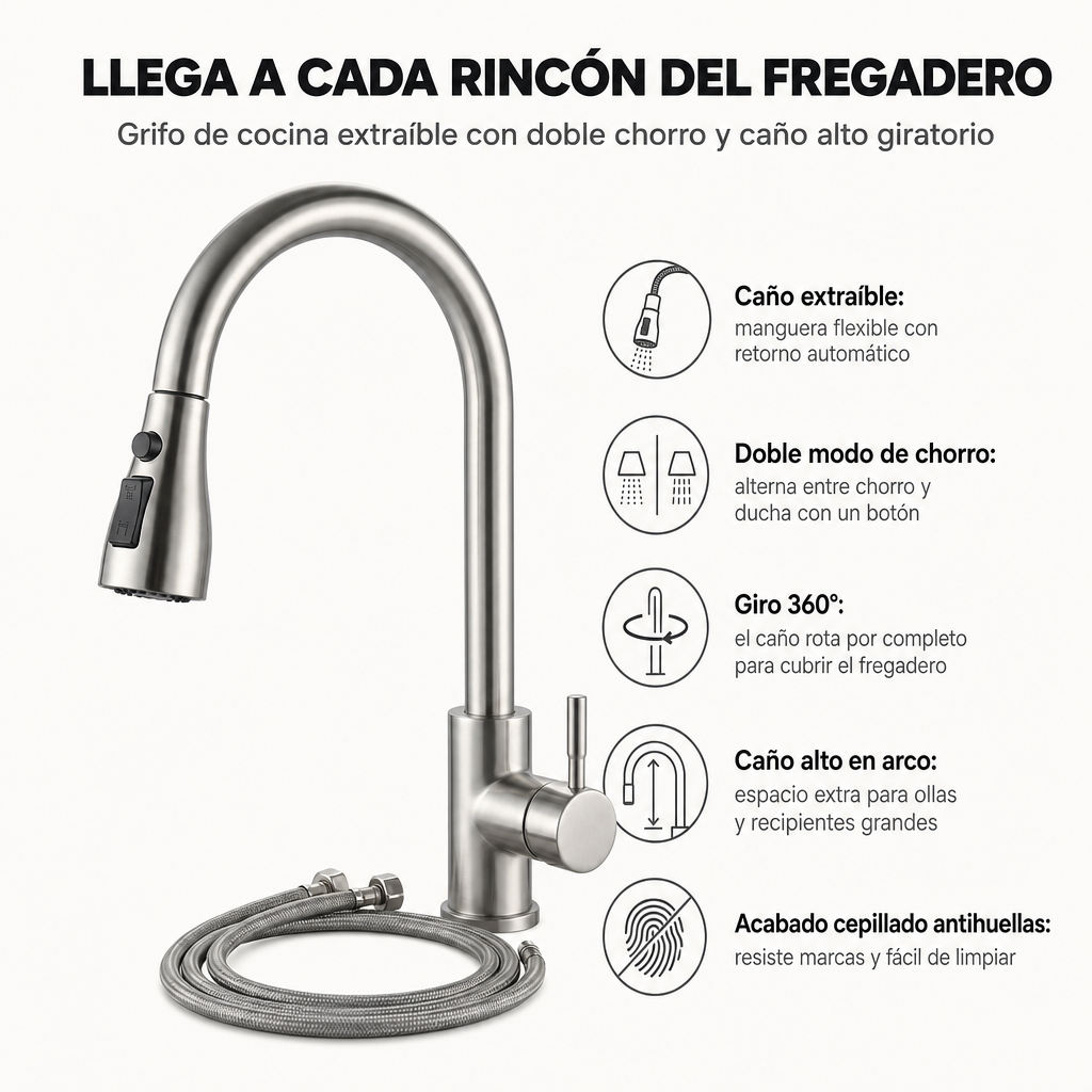 Torneira de cozinha extraível monocomando em aço inoxidável com bico alto giratório 360° e dupla função de água