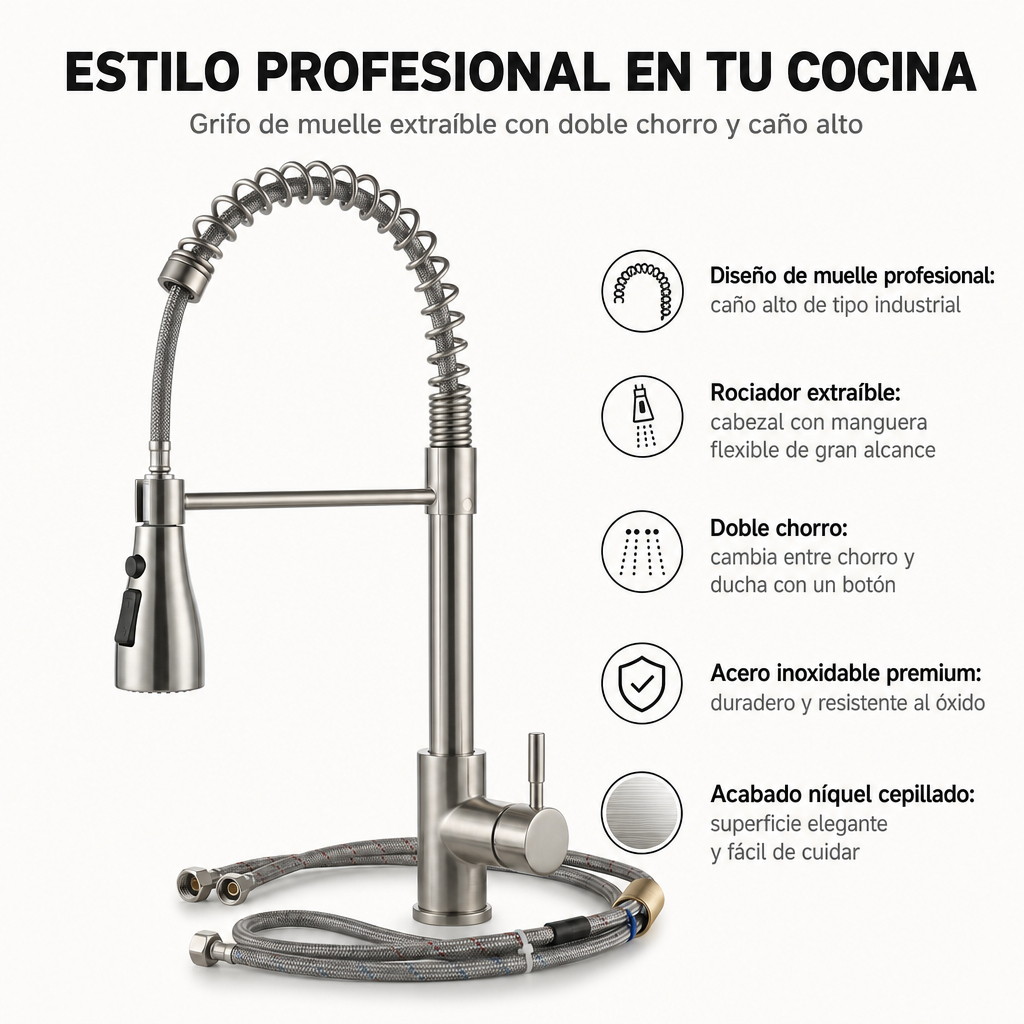 Rubinetto da cucina estraibile in acciaio inox con doccetta estensibile e bocca alta girevole a 360° per lavello