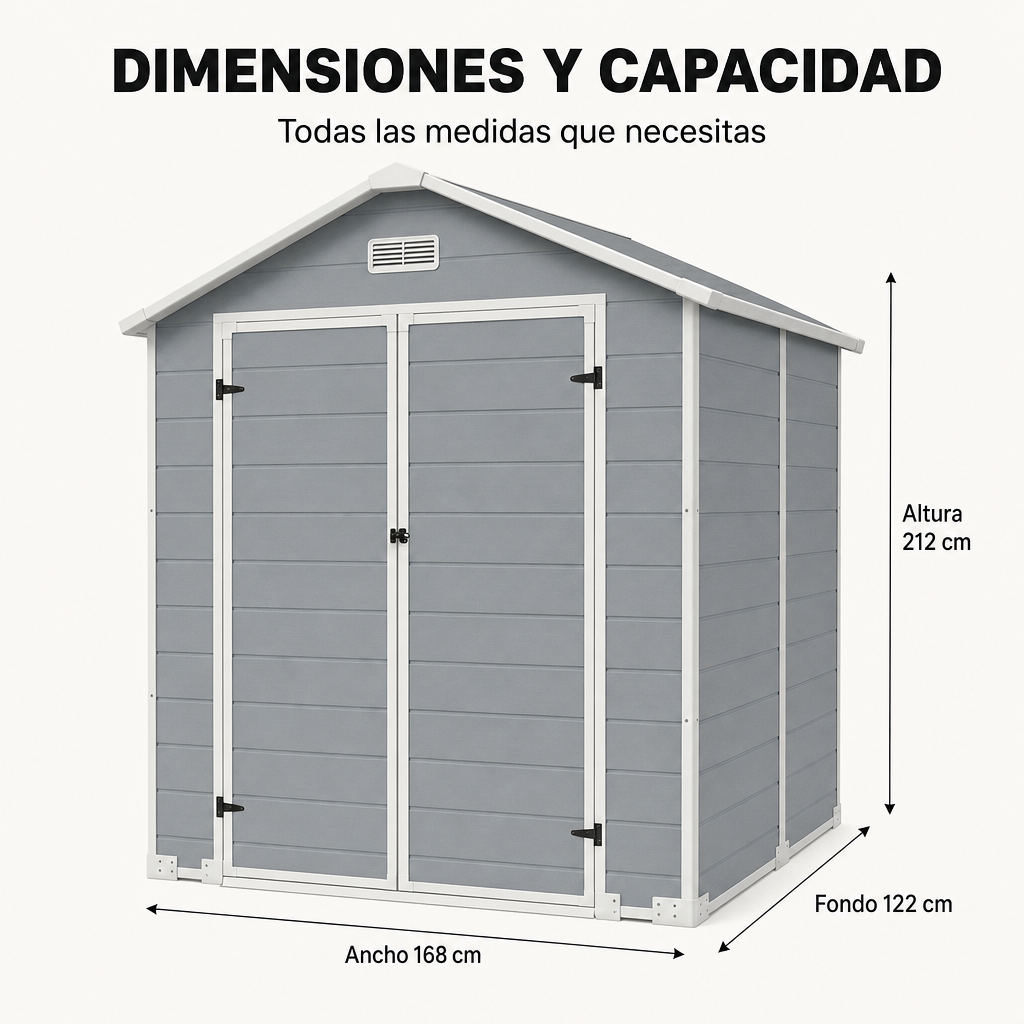 Casetta da giardino grande in resina con doppia porta, finestra e ventilazione integrata