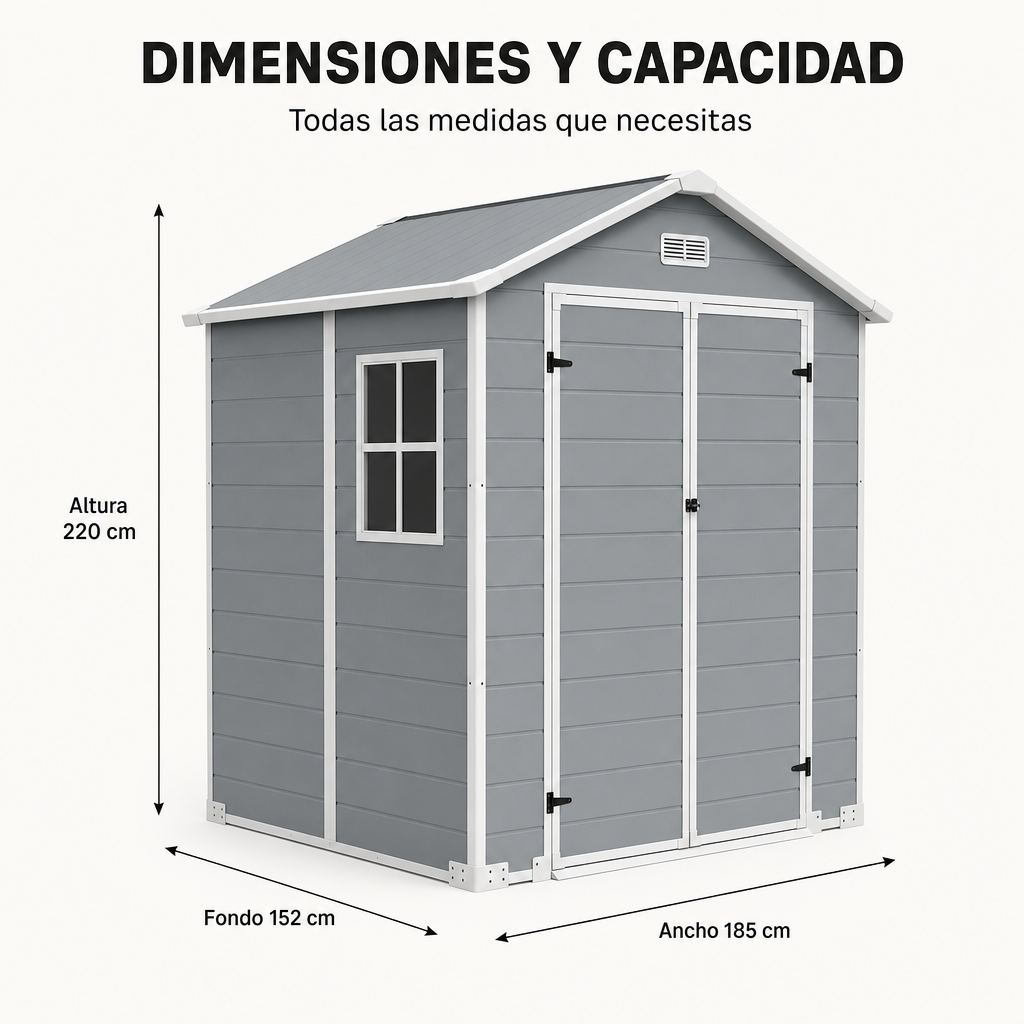 Casetta da giardino XL in resina con finestra, doppia porta, ventilazione e chiusura di sicurezza