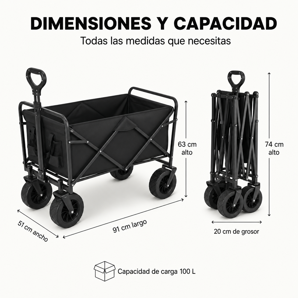 Carro Plegable XXL Estructura Reforzada Ruedas Todoterreno