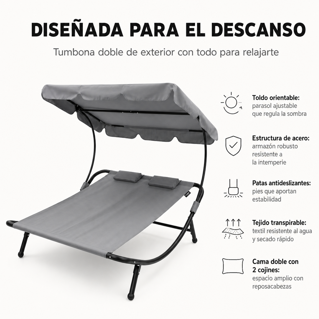 Lettino doppio da giardino tipo dondolo per 2 persone con parasole regolabile, cuscini, ruote e struttura in acciaio grigio 195x185x175 cm