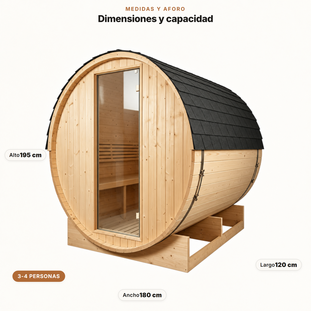 Sauna Barril Exterior Jardín 3-4 Personas Madera Abeto 6 kW Tejado Tejas