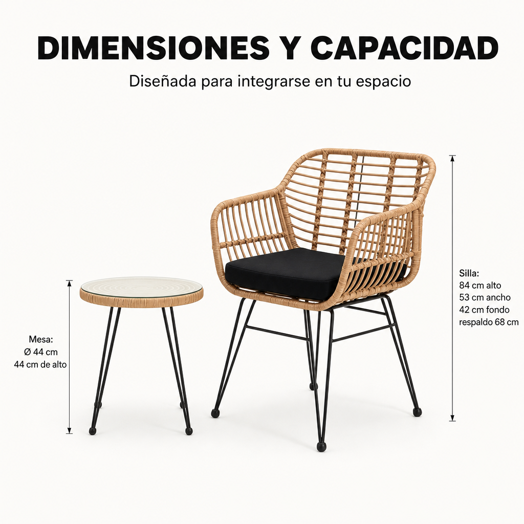 Conjunto Jardín Ratán Con 2 Sillones Y Mesa Redonda Para Terraza Y Balcón