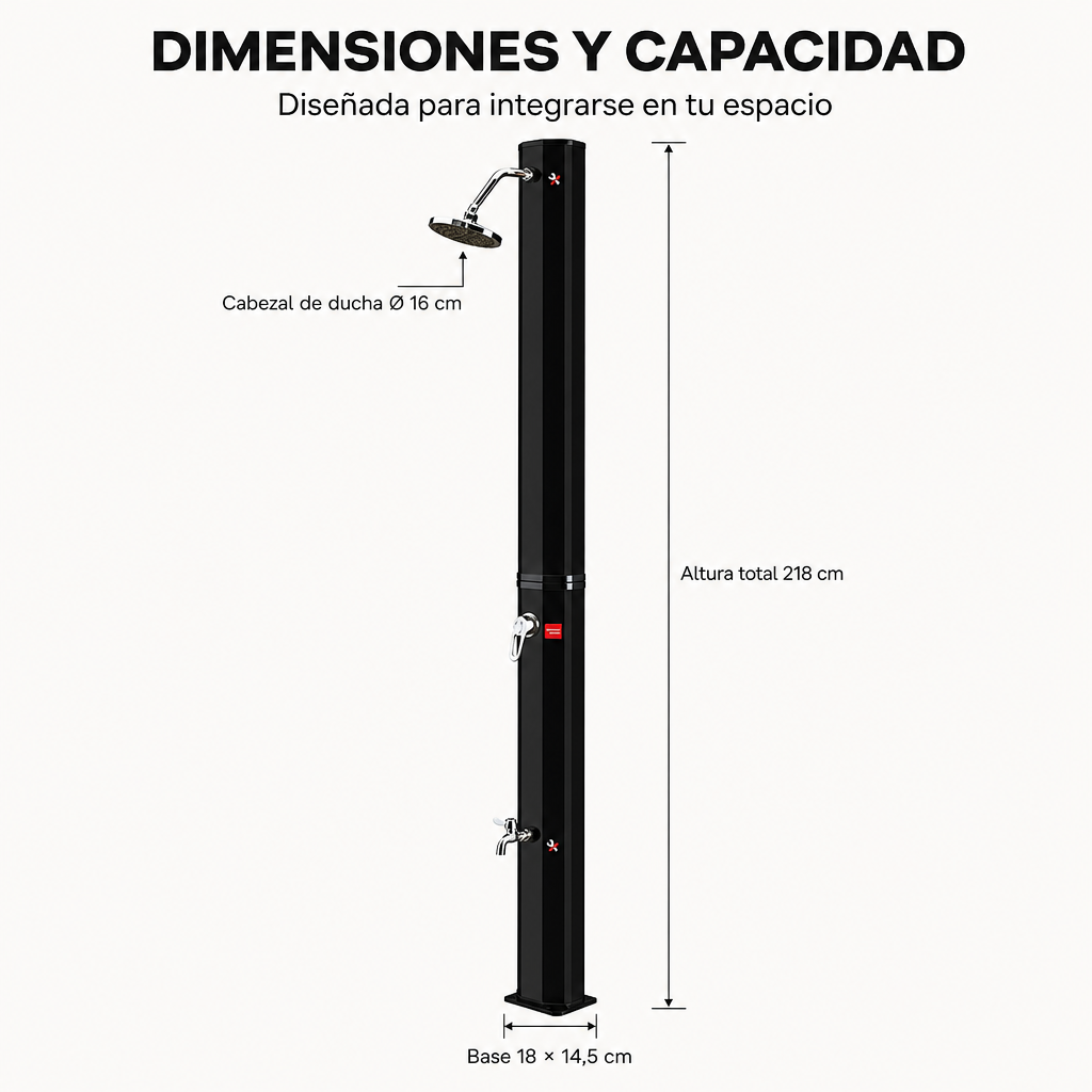 Doccia solare esterna per giardino e piscina con rubinetto per lavapiedi e spruzzatore orientabile nero/argento