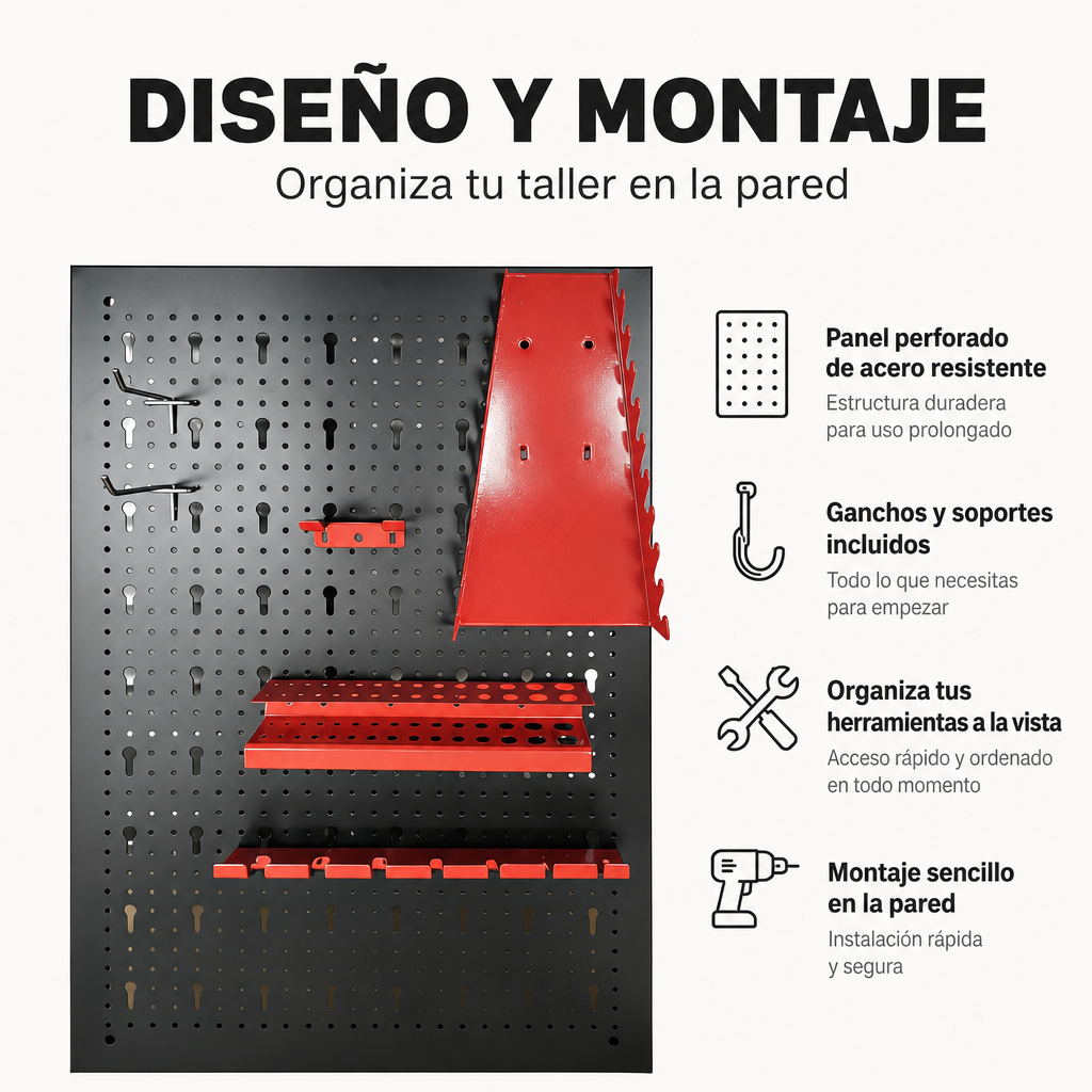 Panel Organizador Metálico Para Herramientas Con Ganchos Y Soportes
