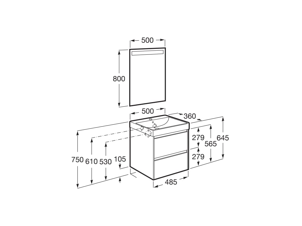 Roca - Mueble base Ona Pack compacto de dos cajones, lavabo de Fineceramic® y espejo LED Eidos