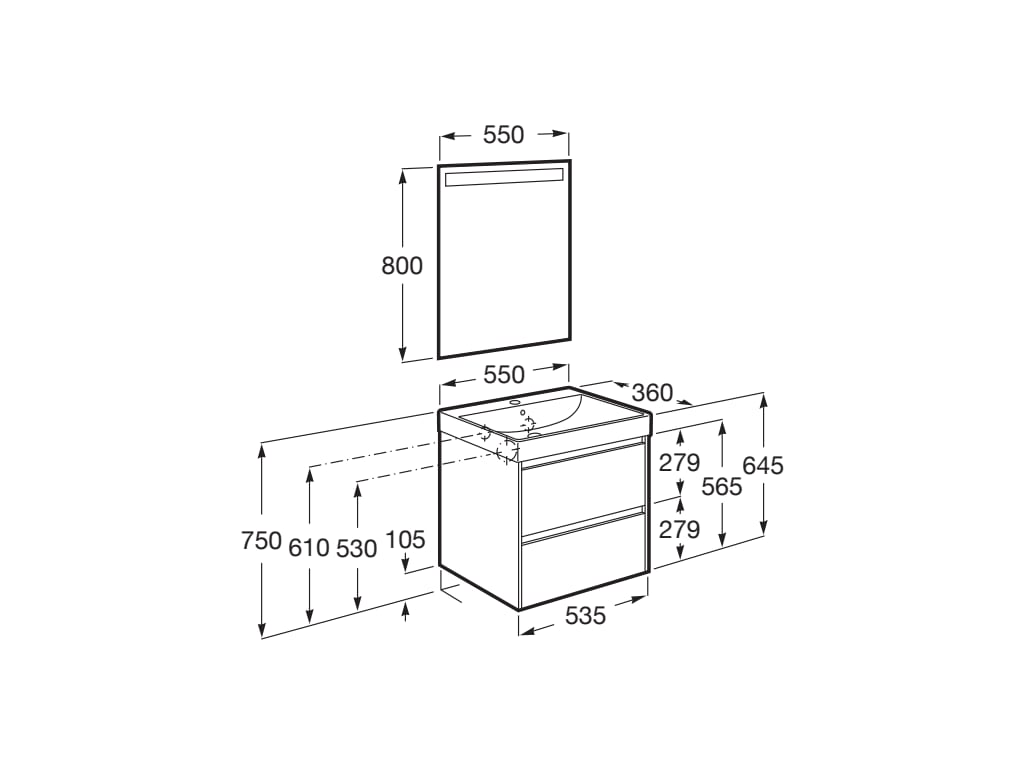 Roca - Mueble base Ona Pack compacto de dos cajones, lavabo de Fineceramic® y espejo LED Eidos