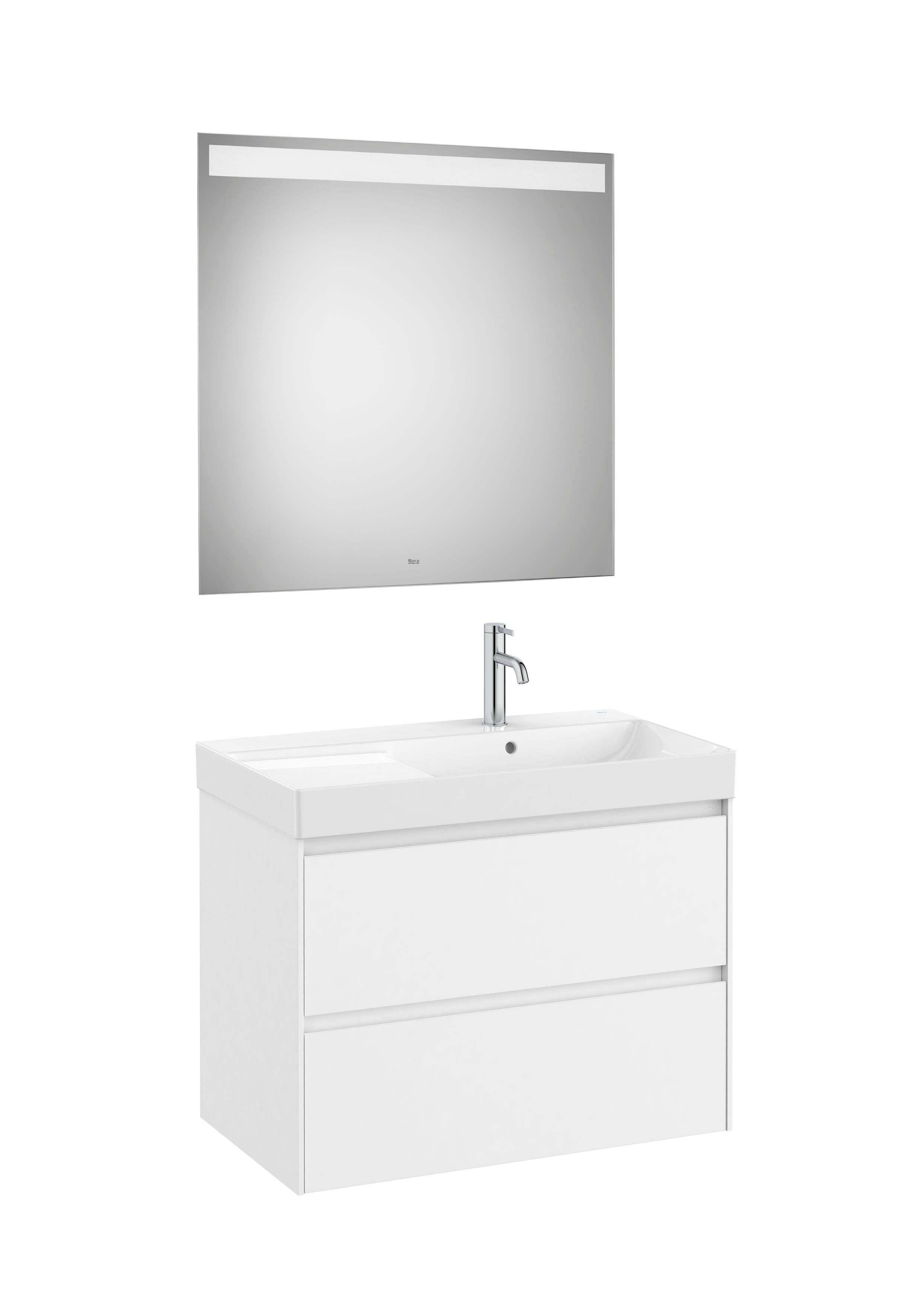 Roca - Ona Pack mueble base de dos cajones, lavabo de Fineceramic® y espejo LED Eidos