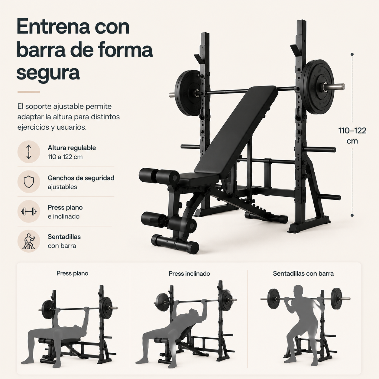 Banco de Pesas con Soporte de Barra Ajustable Press de Banca