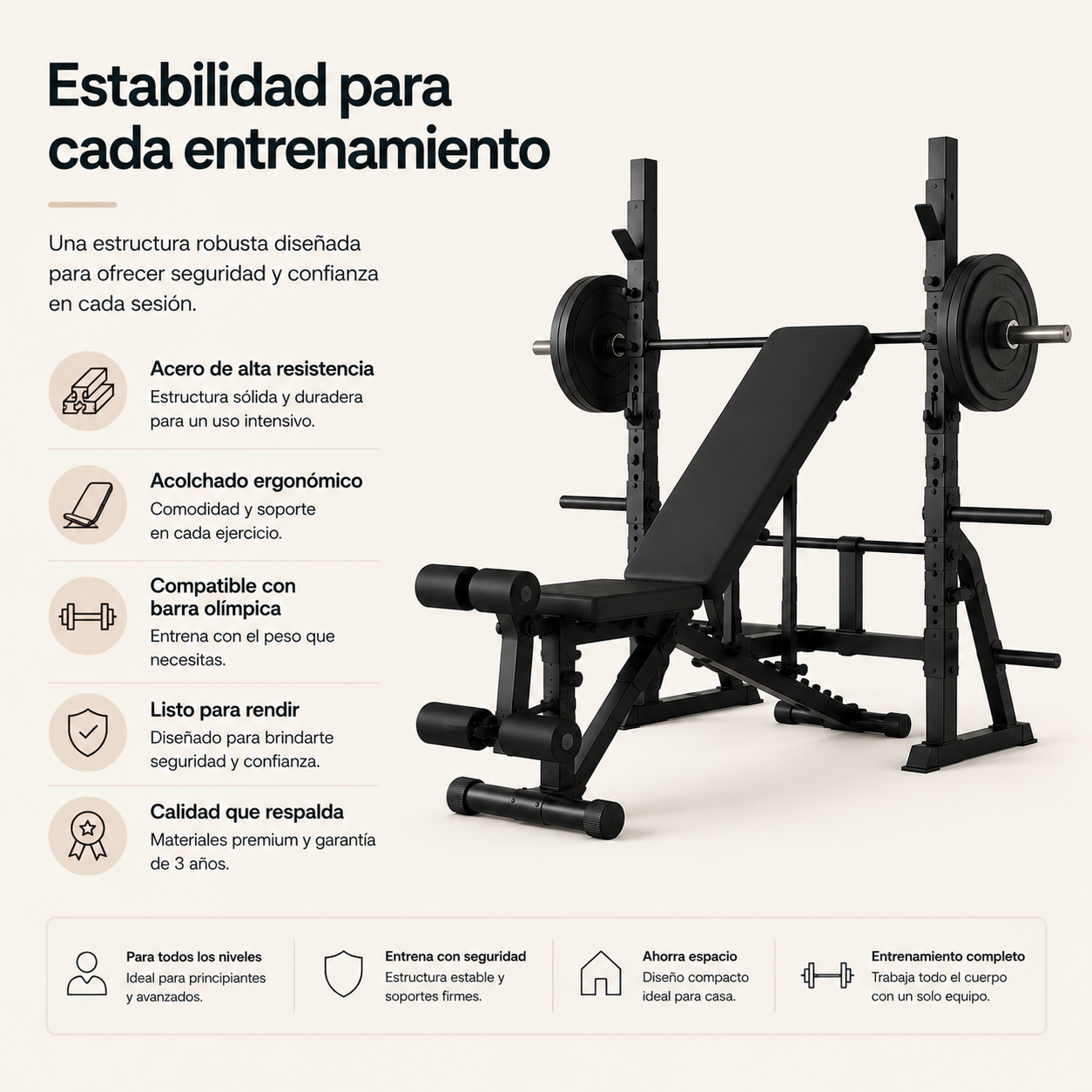 Banco de Pesas con Soporte de Barra Ajustable Press de Banca