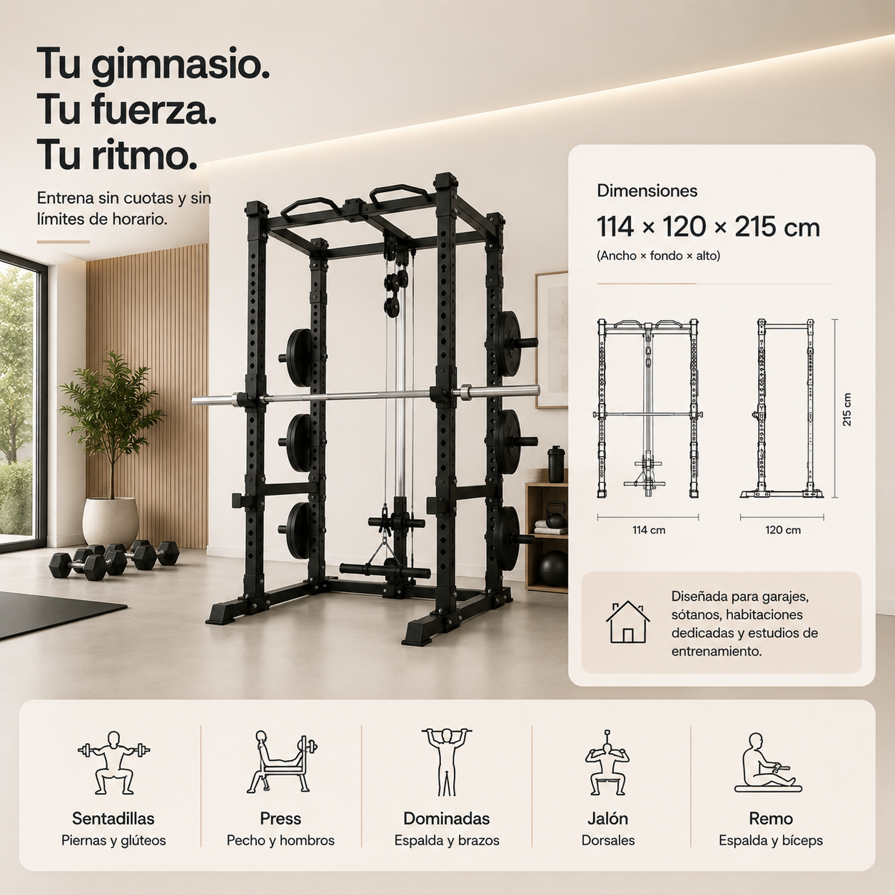 Jaula de Fuerza Multifunción Polea Alta Baja Dominadas Casa