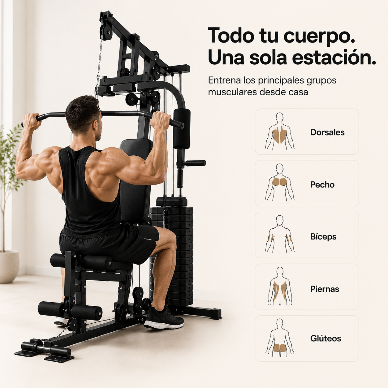 Station de musculation multifonction avec poulies et banc ergonomique