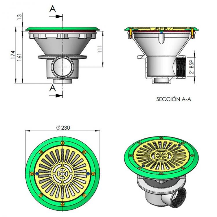 Circulaire gootsteen Ø 210 mm met lijn en geprefabriceerd astralpool -rooster