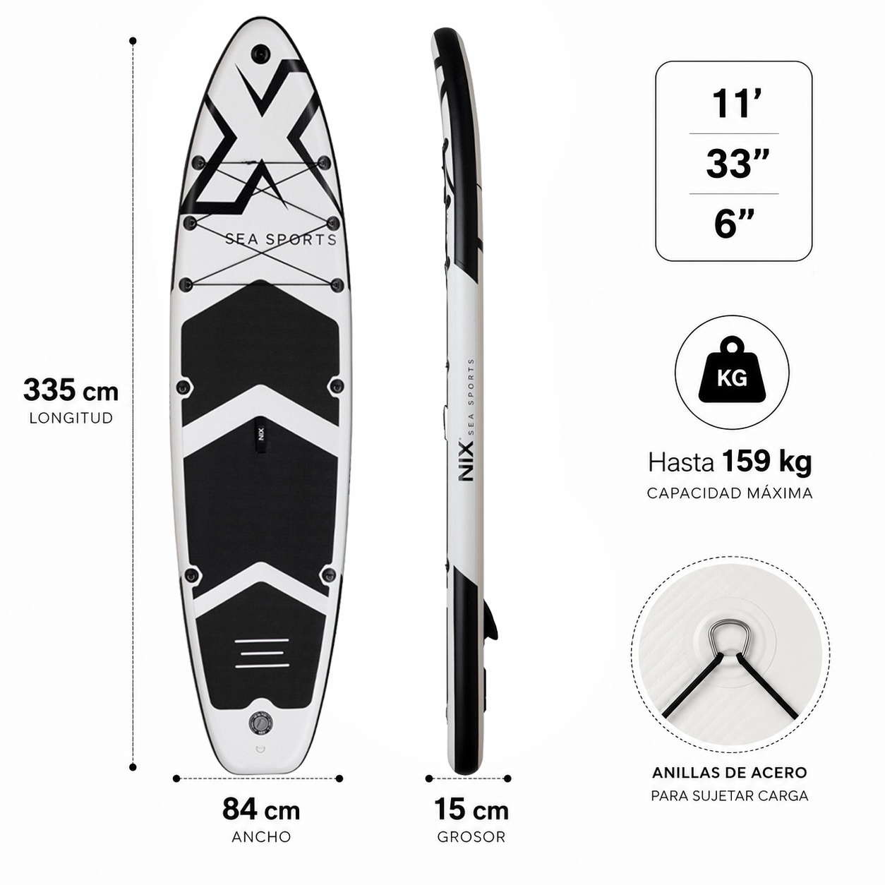 Tavola Paddle Surf Gonfiabile 11" 335x84x15 cm 159 kg bianca Pacchetto Premium
