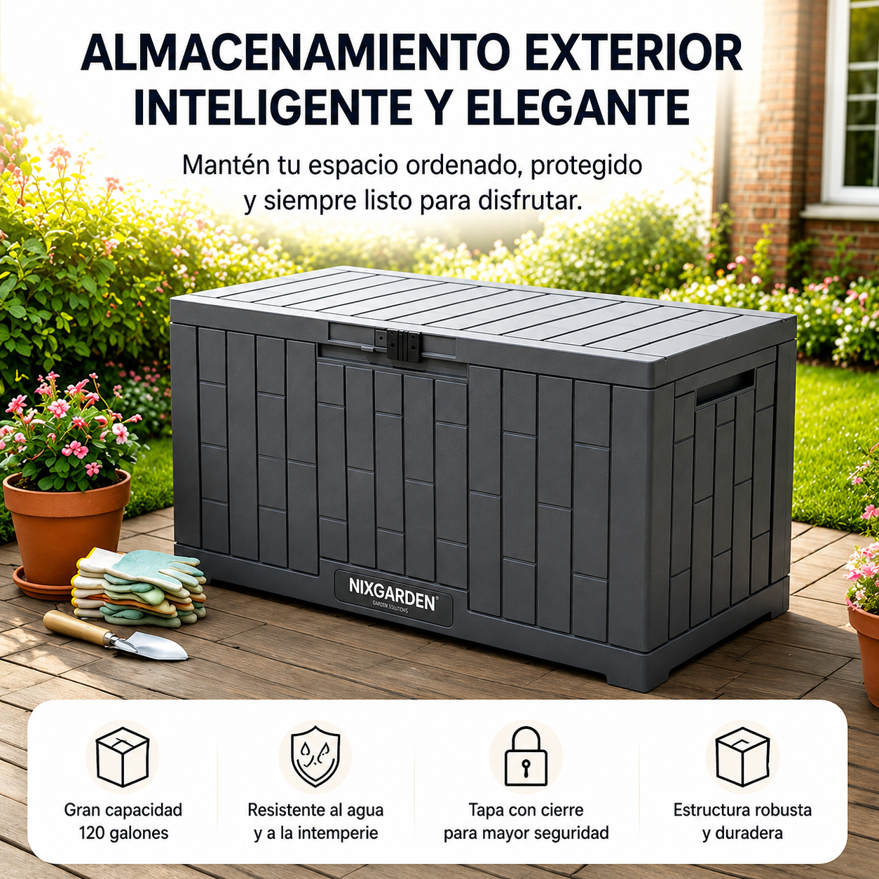 Arcón Jardín Antracita Resina Resistente Efecto Rattan Impermeable