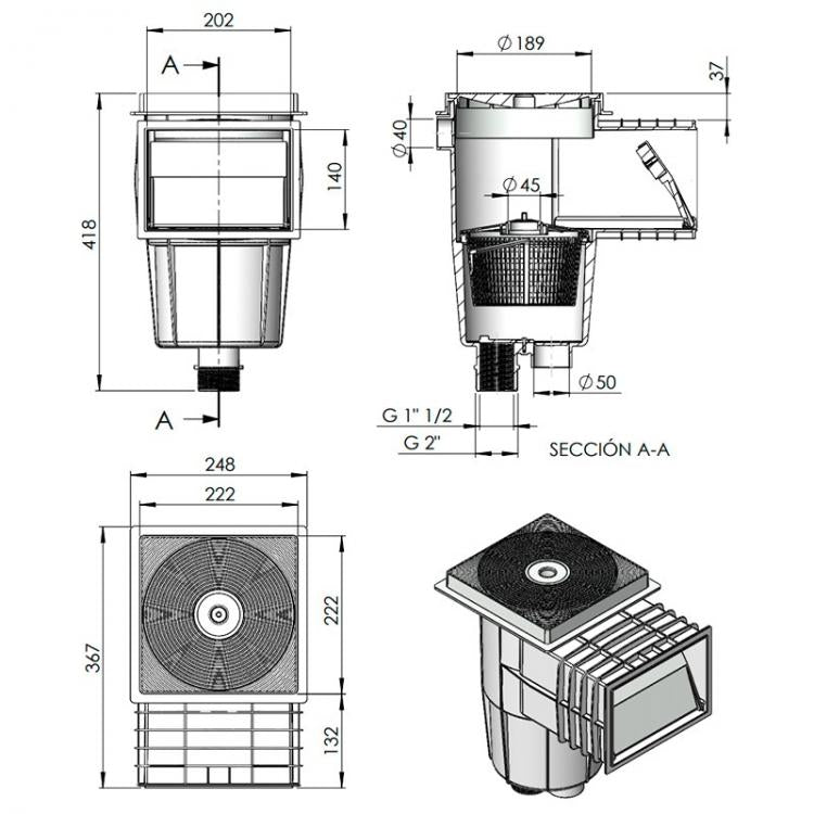 AstralPool - Skimmer blanco boca estándar tapa cuadrada para piscina de hormigón - BricoandPool