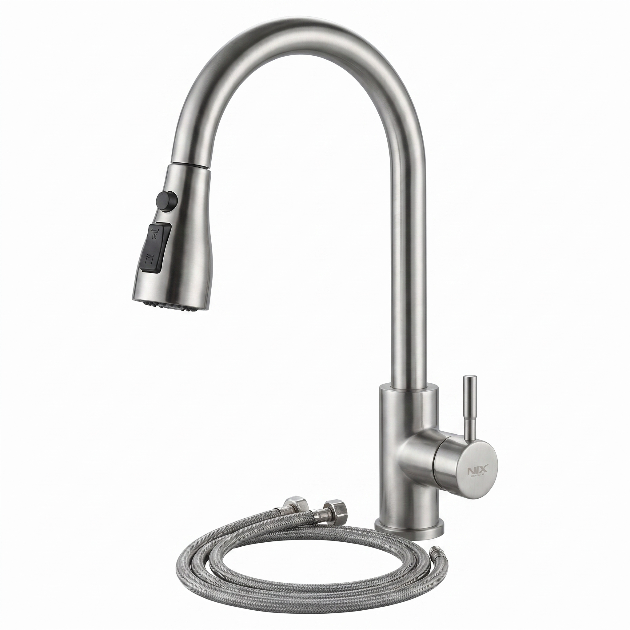 Torneira de cozinha extraível monocomando em aço inoxidável com bico alto giratório 360° e dupla função de água