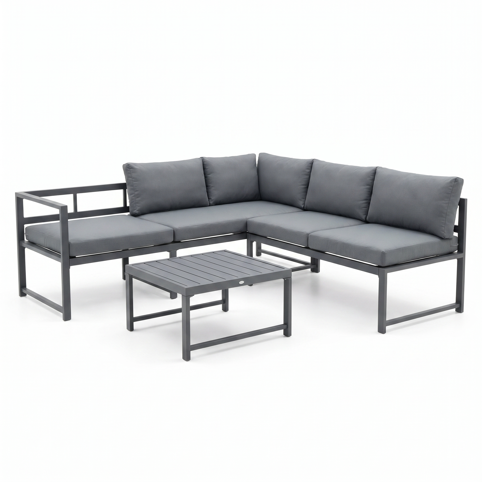 Set da giardino in alluminio antracite con divano angolare modulare, tavolo e cuscini per terrazza e esterno