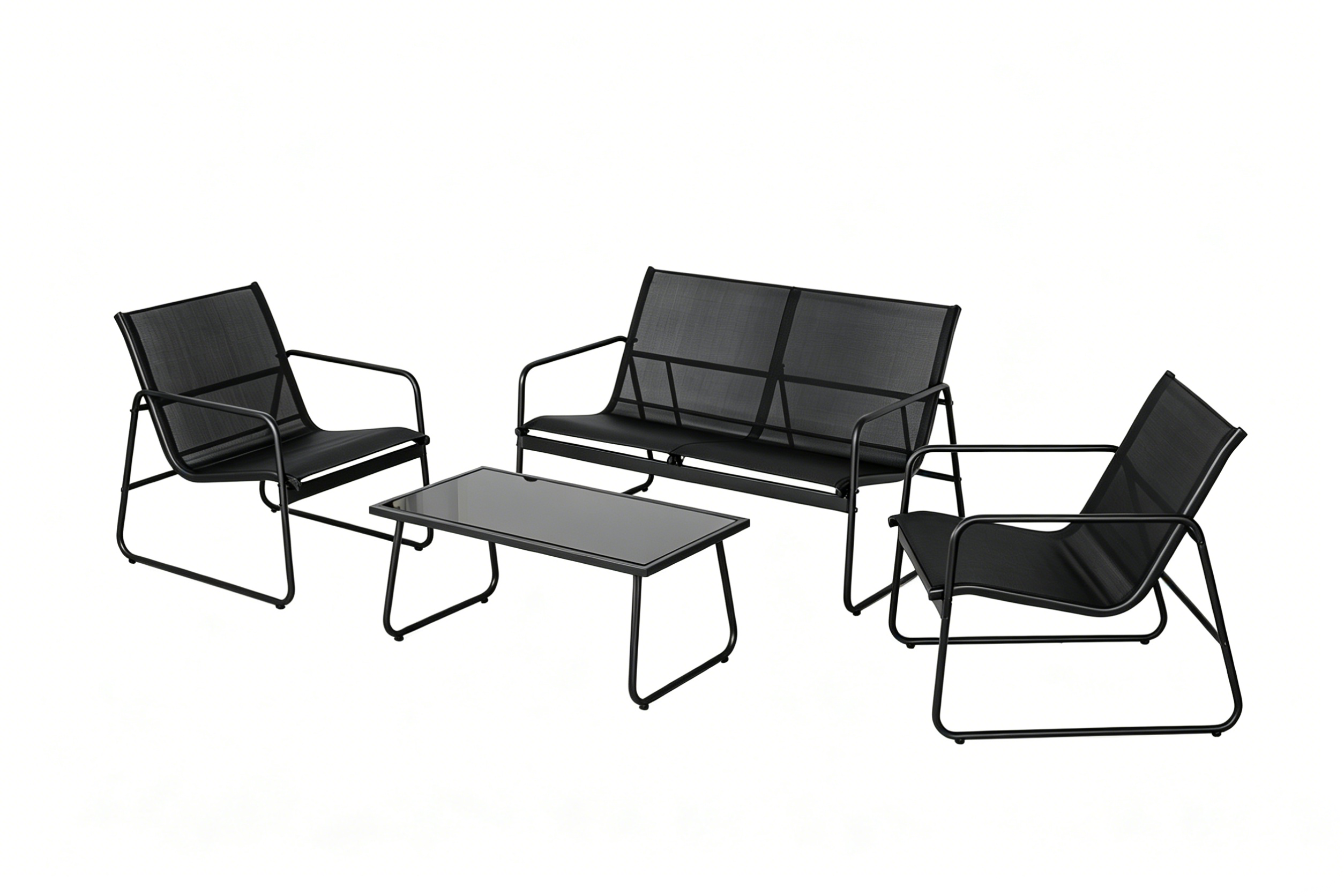Garten-Set aus Stahl und Textilene mit 2-Sitzer-Sofa, 2 Sesseln und schwarzem Glastisch für Außenbereich